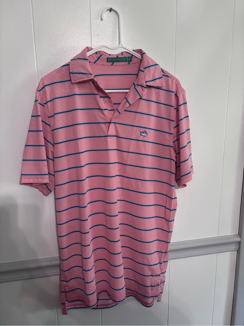 Southern Tide Coral and Navy Striped Polo
